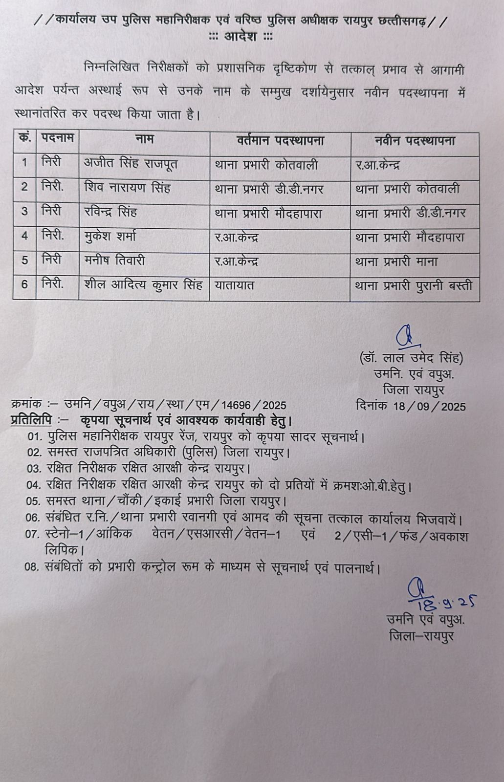 raipur police inspector transfer