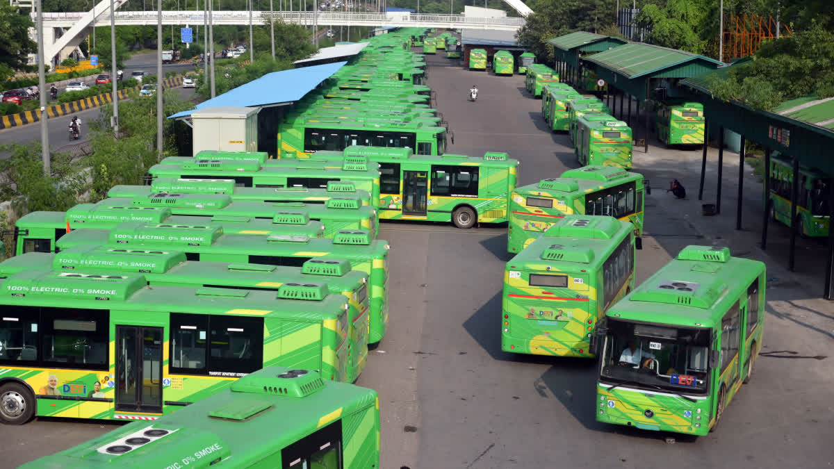 DTC buses lined up at Sunehri Pullah Depot as drivers go on strike over their various demands in New Delhi.