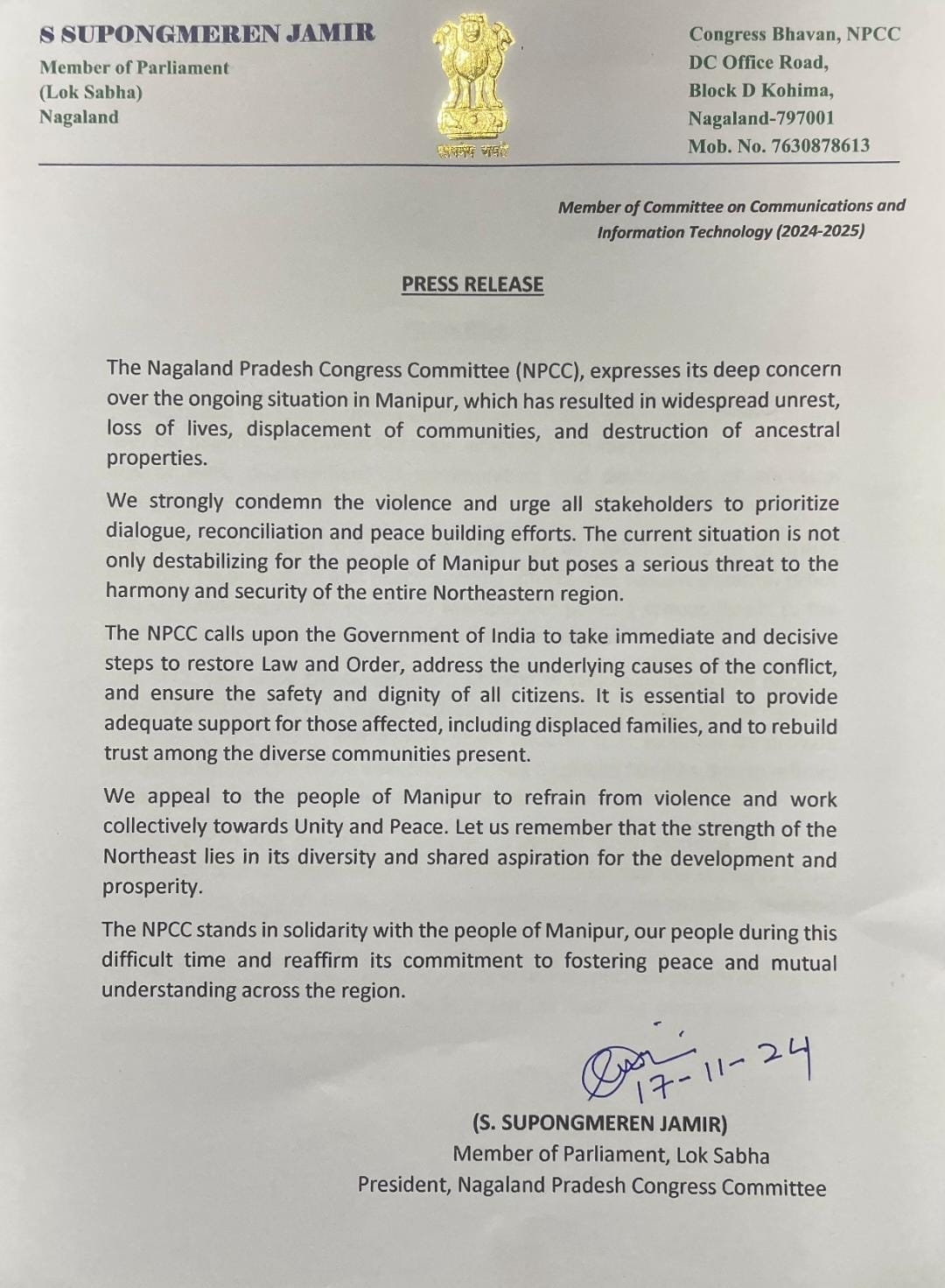 Nagaland PCC expresses concern over Manipur Violence