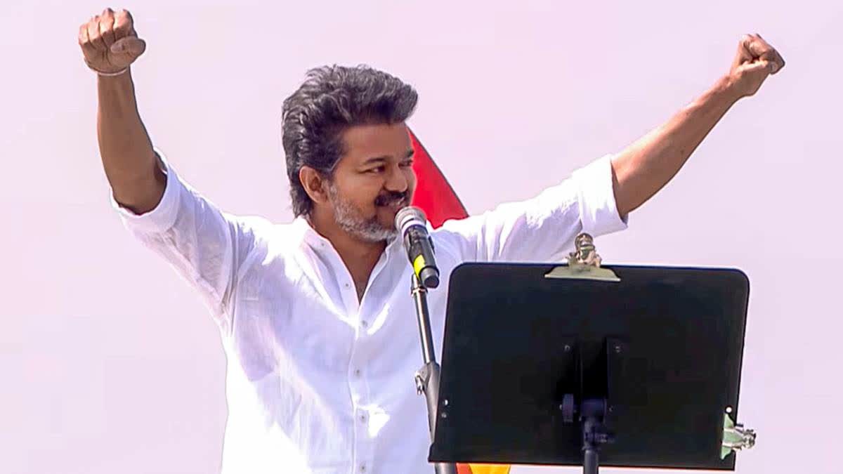 TVK leader Vijay addresses the rally in Erode.
