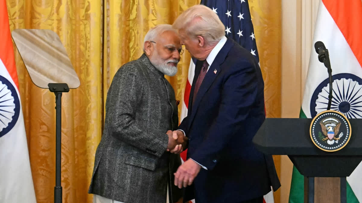 US President Donald Trump shakes hands with Indian Prime Minister Narendra Modi during a joint press conference in the East Room of the White House in Washington, DC, on February 13, 2025.