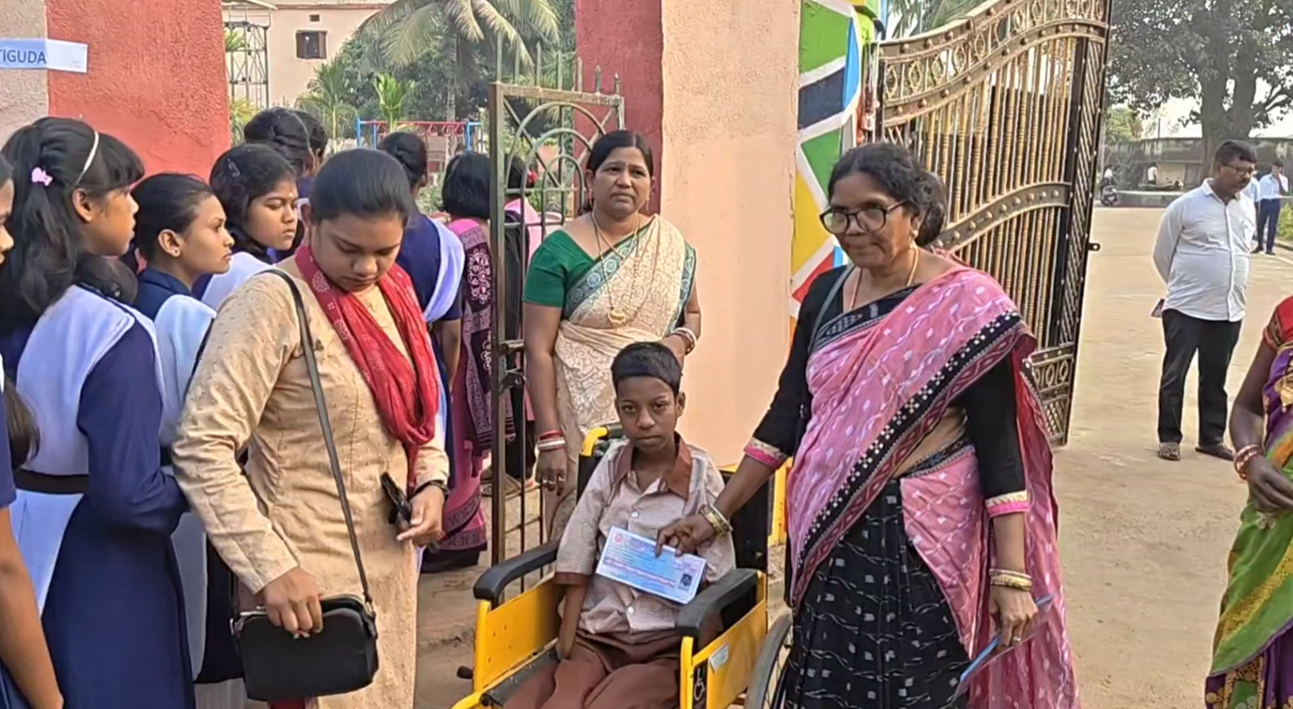 Lakshmi Khemudu, a disabled student, at the examination centre.