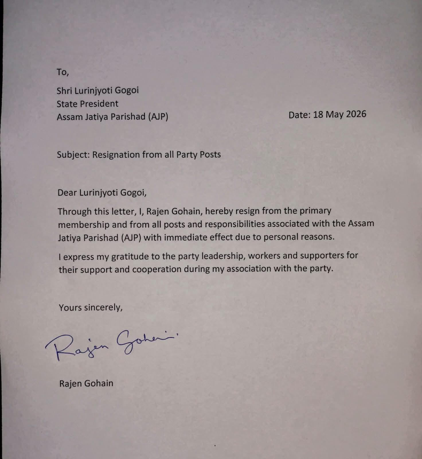rajen gohain quits ajp
