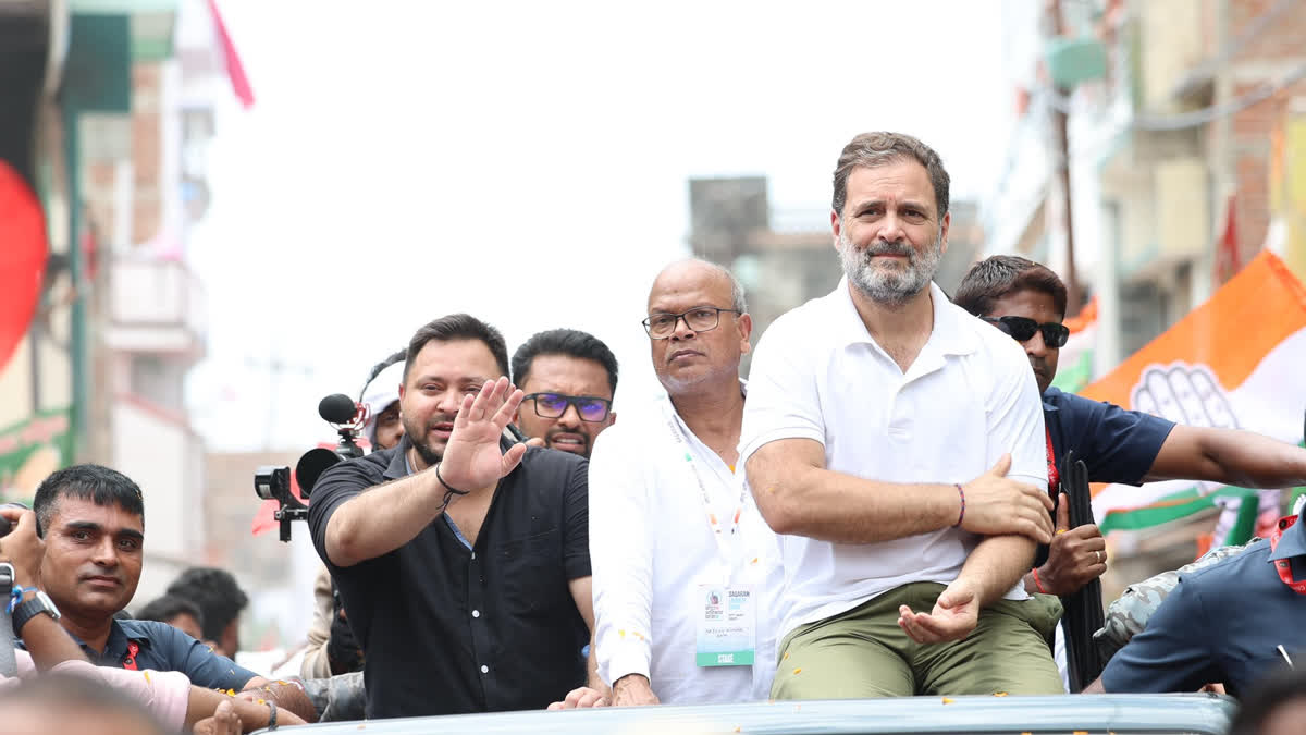 RJD leader Tejashwi Yadav with Rahul Gandhi during the Voter Adhikar Yatra in Bihar on Tuesday.