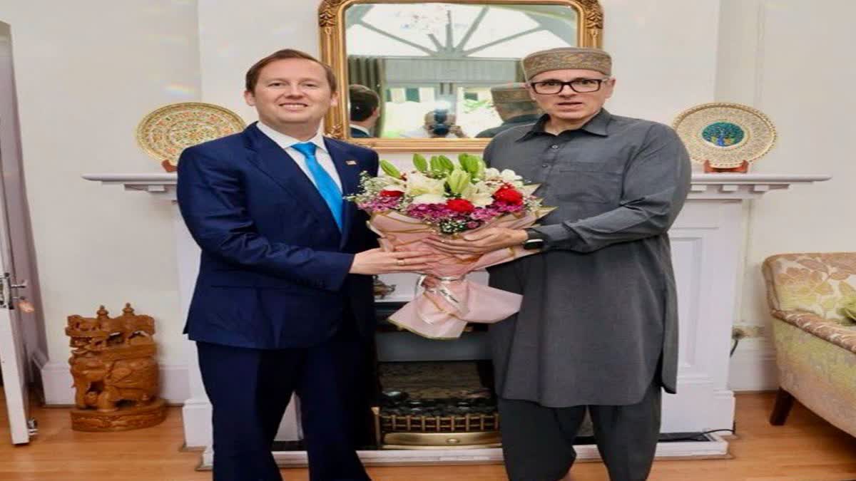 Jammu and Kashmir Chief Minister Omar Abdullah during a meeting with US Ambassador to India Sergio Gor at the former's residence in Srinagar on Aug. 19, 2026