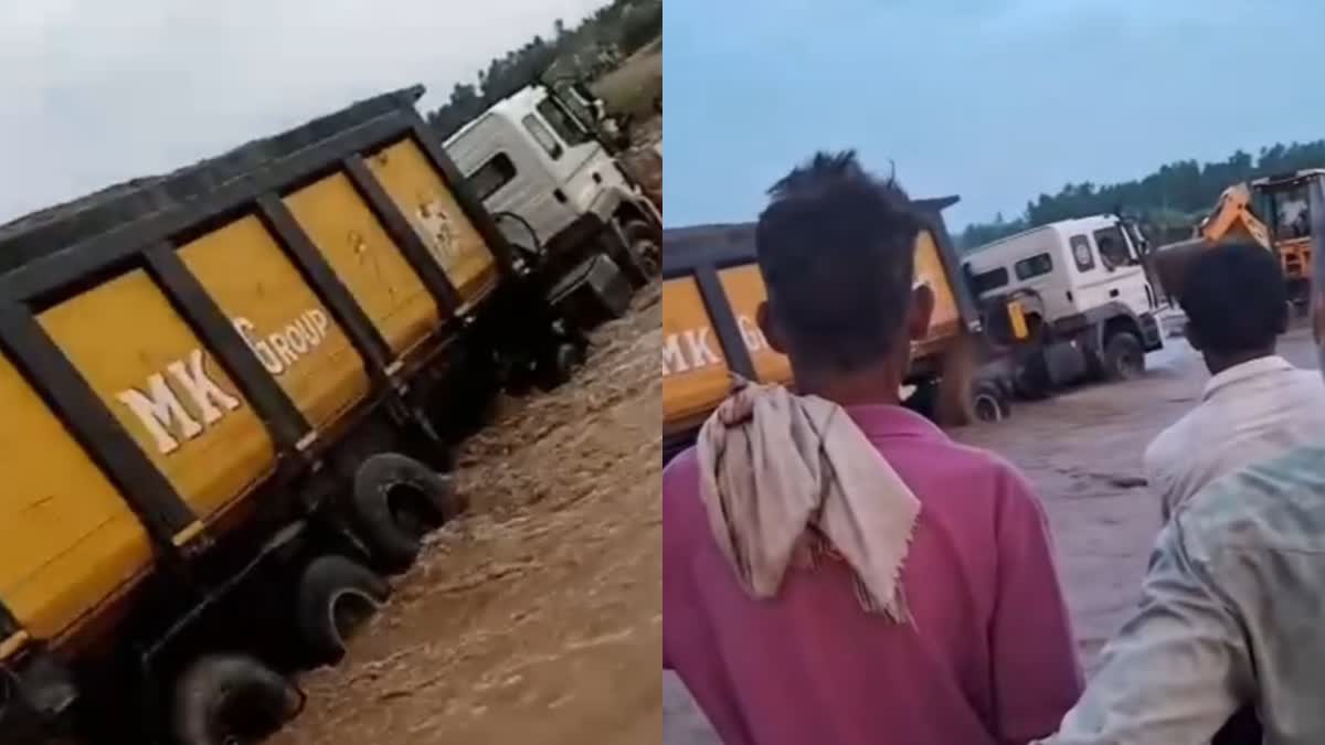 Sand laden truck gets stuck in the Boli River in Yamunanagar Haryana