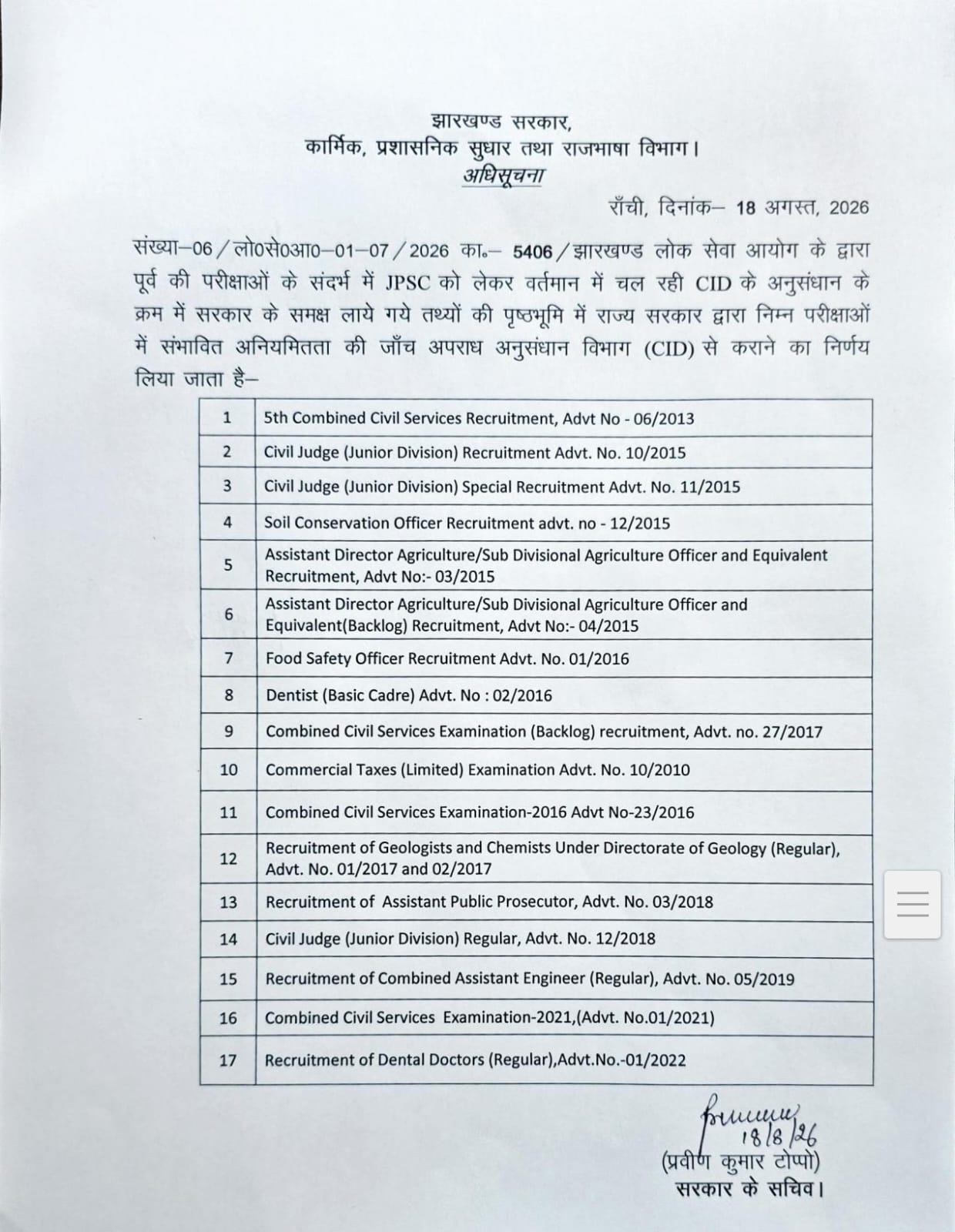 Jharkhand government issued notification cancelling all TDPL examinations with JSSC CGL