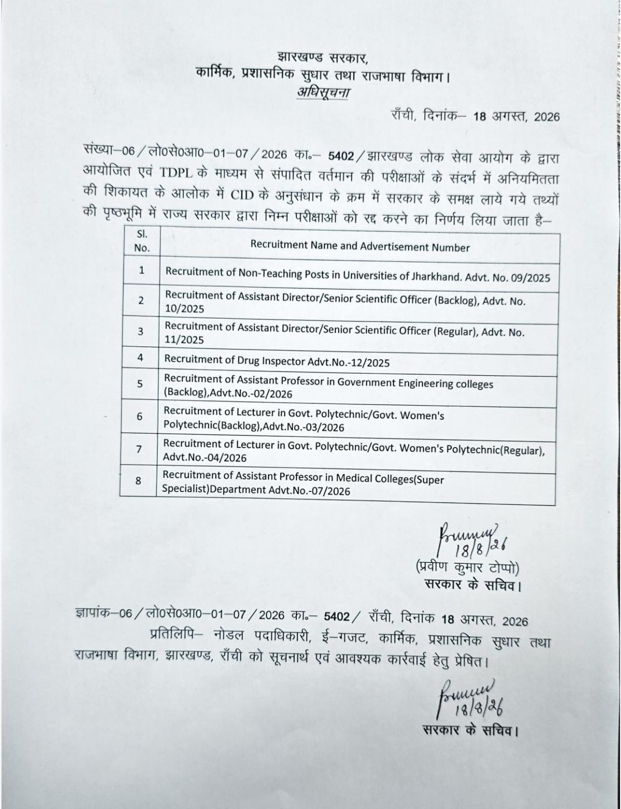 Jharkhand government issued notification cancelling all TDPL examinations with JSSC CGL
