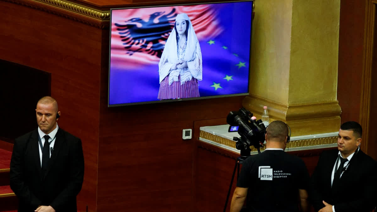 Albania's new AI-generated minister "Diella" speaks during the parliamentary session for the voting of the new government of Albania, in Tirana on September 18, 2025.
