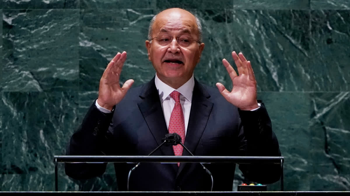 FILE - Barham Salih, President of Iraq addresses the 76th Session of the U.N. General Assembly at United Nations headquarters in New York, on Sept. 23, 2021.
