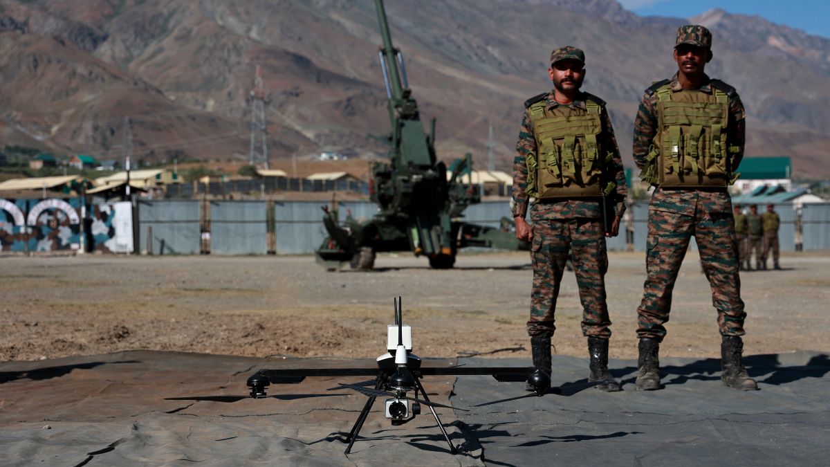The Indian Army showcases its cutting-edge surveillance drones, including the Asteria AT-15, Switch RPAS, Q6 UAV Drone, and Trinetra UAV Drone, during the 26th Kargil Vijay Diwas celebrations in Kargil, India, on July 26, 2025