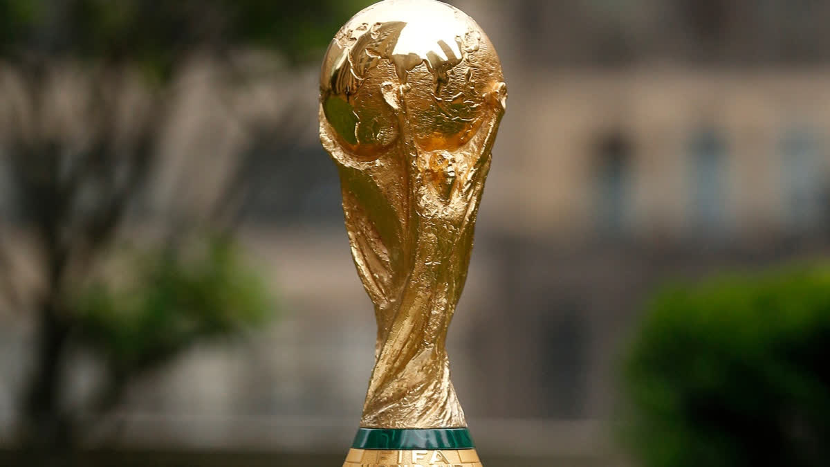 FILE - The FIFA World Cup Trophy is displayed before press conference at Rockefeller Plaza, June 16, 2022, in New York.