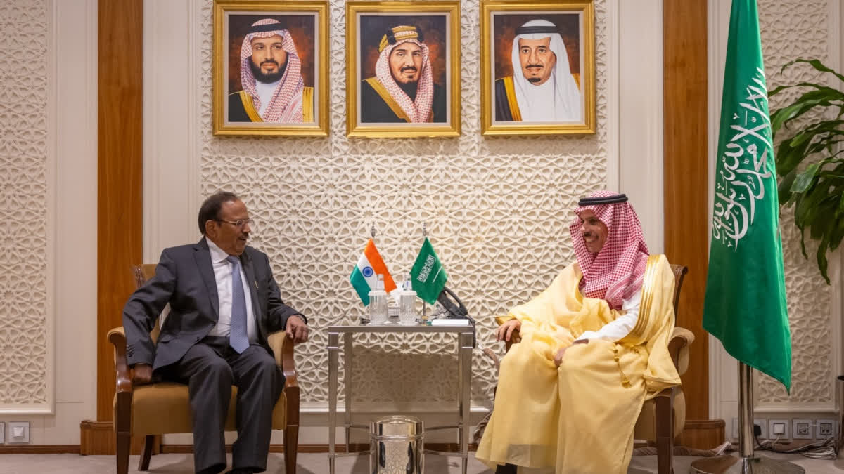 FILE- Saudi Foreign Minister Faisal bin Farhan in a meeting with India’s National Security Advisor Ajit Doval.