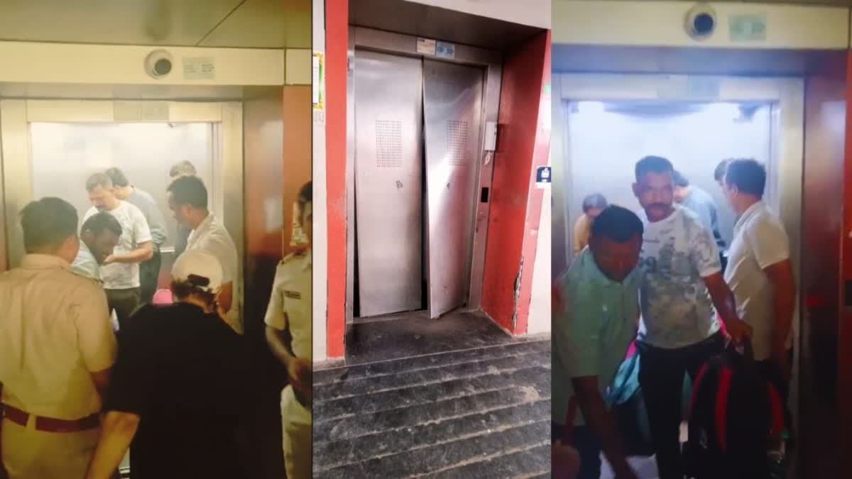 Rescue teams evacuate passengers from the malfunctioning elevator at Panvel Railway Station.