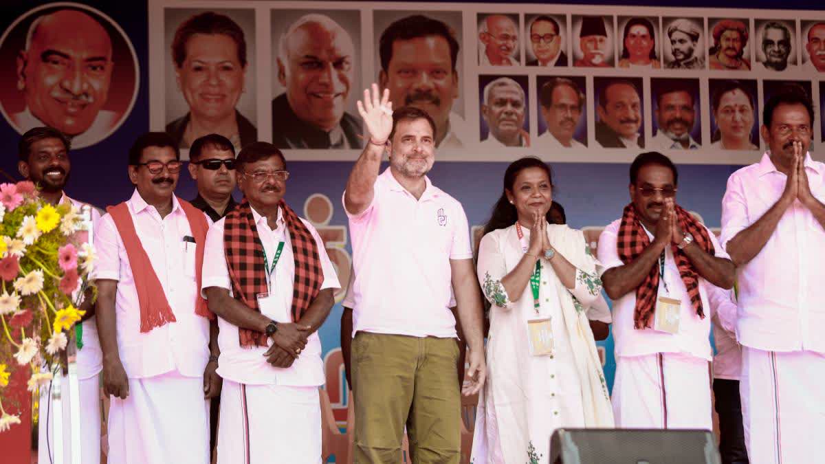 Rahul Gandhi at an election rally in Kanyakumari on Monday.