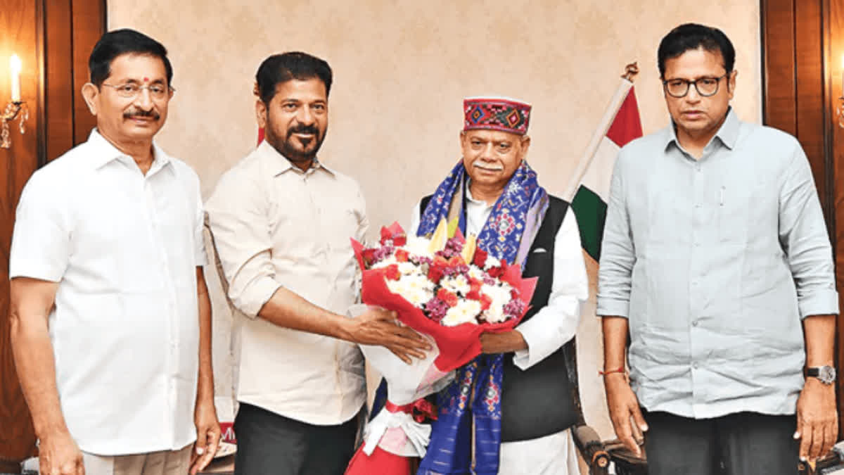 Chief Minister Revanth Reddy meets Governor Shiv Pratap Shukla at Raj Bhavan.