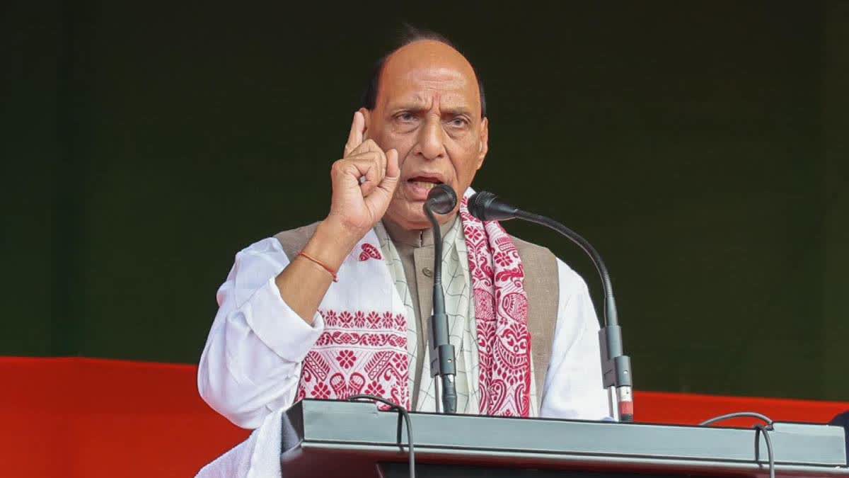 Union Defence Minister Rajnath Singh addresses an election rally in Nanur on Monday.
