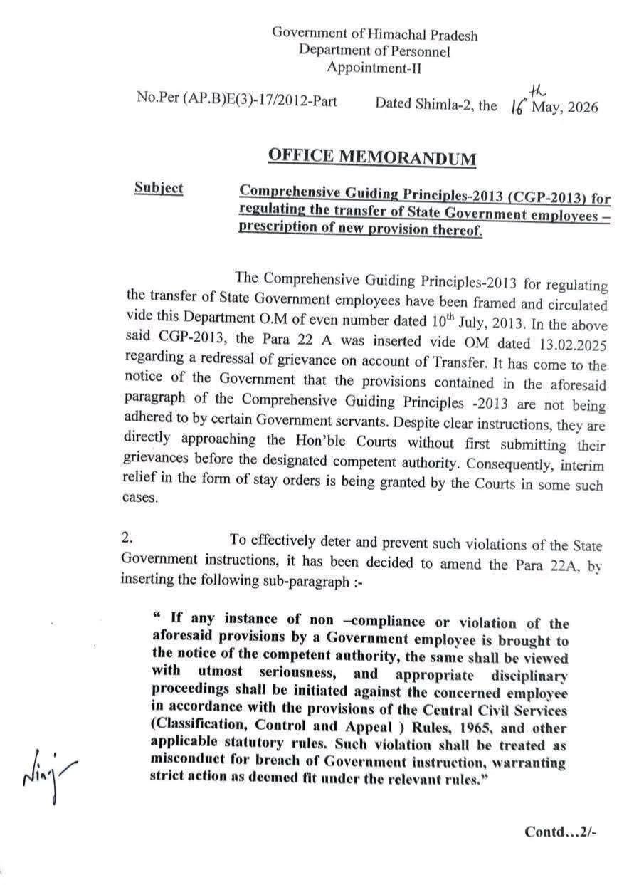 The office memorandum issyed by the Department of Personnel.