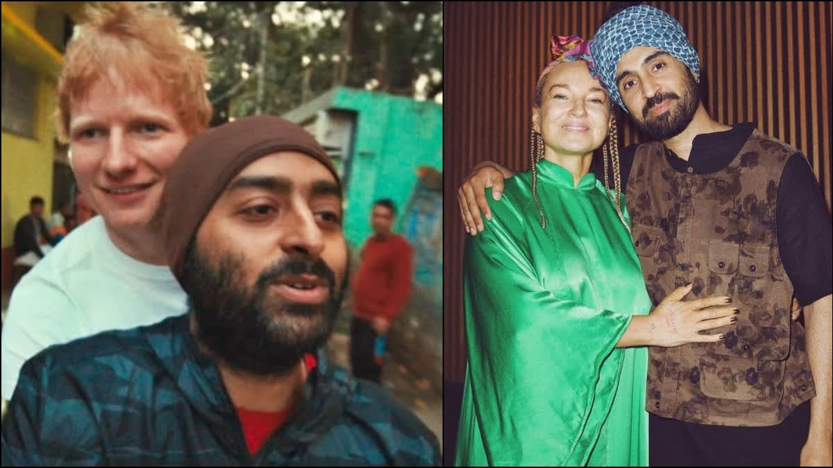Popstar Ed Sheeran with Bollywood singer Arijit Singh in the music video for 'Sapphire' and (right) Singer-songwriter Sia with actor-singer Diljit Dosanjh