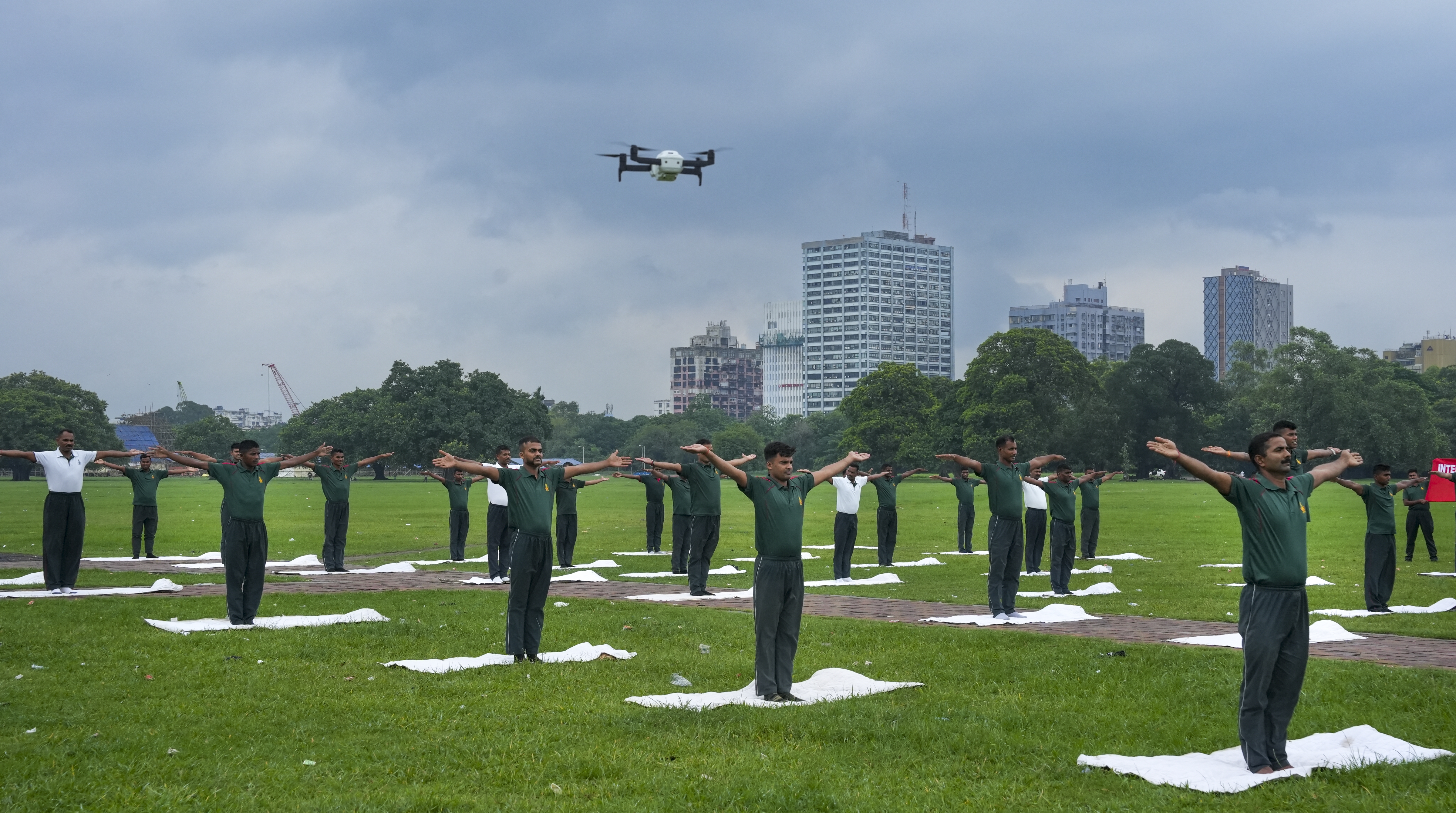 Indian Army jawans take part in a yoga session ahead of International Yoga Day, at the Kolkata Maidan in Kolkata, West Bengal, Wednesday, June 18, 2025