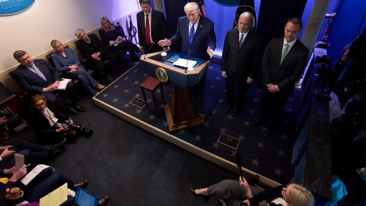President Donald Trump speaks during a press briefing at the White House, Friday, Feb. 20, 2026, in Washington.