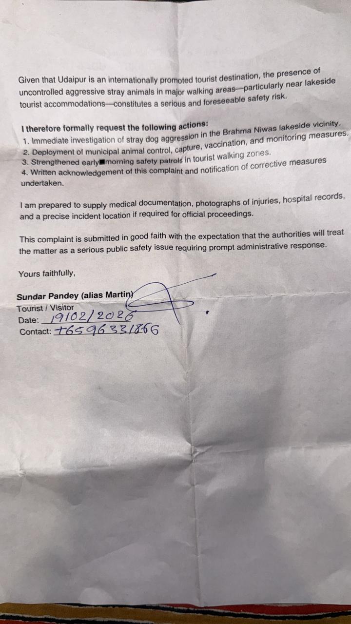 Singaporean tourist Sundar Pandey Martin lodges complaint after being bitten by stray dog in Udaipur