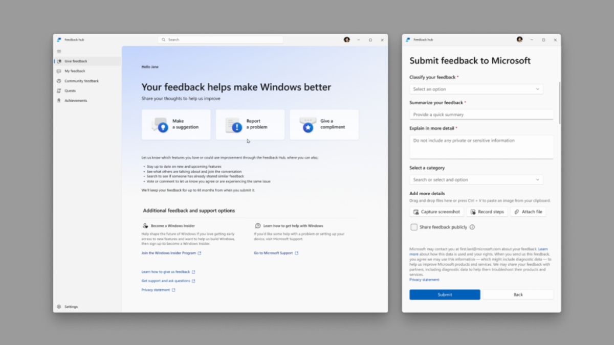 The new Feedback Hub app showing the redesigned home screen and feedback form