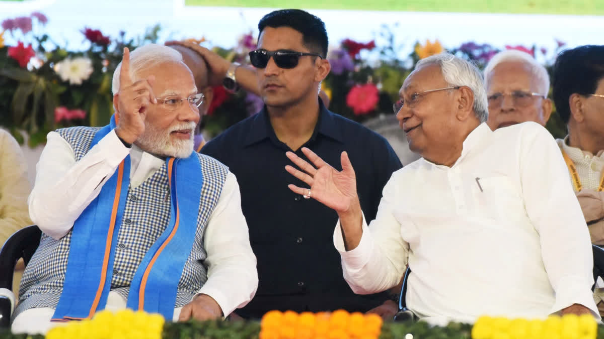 Prime Minister Narendra Modi in conversation with Bihar Chief Minister Nitish Kumar during the foundation stone laying and inauguration of multiple development projects in Bihar, in Siwan on June 20, 2025.