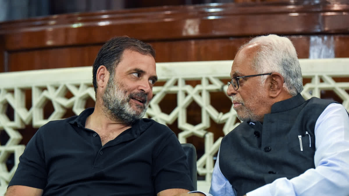 INDIA bloc's Vice-Presidential nominee, former Supreme Court Judge B. Sudershan Reddy in conversation with Lok Sabha LoP and Congress MP Rahul Gandhi in the New Delhi on August 20, 2025.