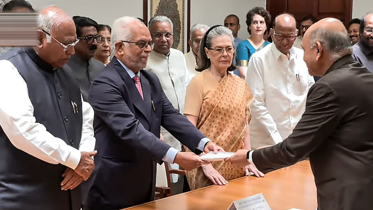'Parliament Where Dissent Is Respected': Opposition Pick Sudershan Reddy Files Nomination For Vice Presidential Election INDIA bloc's vice presidential candidate B Sudershan Reddy files his nomination, in New Delhi, Wednesday, Aug. 20, 2025. Congress President Mallikarjun Kharge, party leader Sonia Gandhi and NCP (SP) chief Sharad Pawar are also seen.