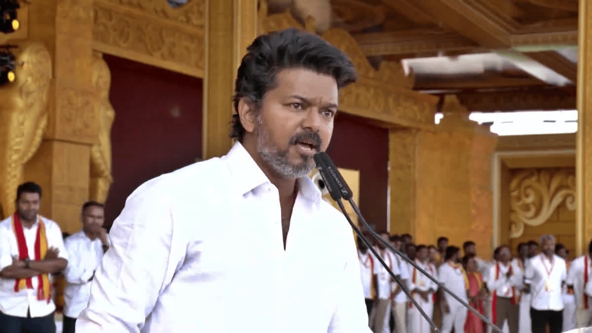 Screengrab of TVK founder Vijay addressing party workers the party's second state conference in Parapathi near Madurai on Thursday.