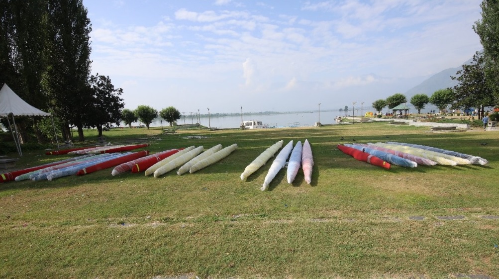 Kayaks on the shores of Dal Lake.