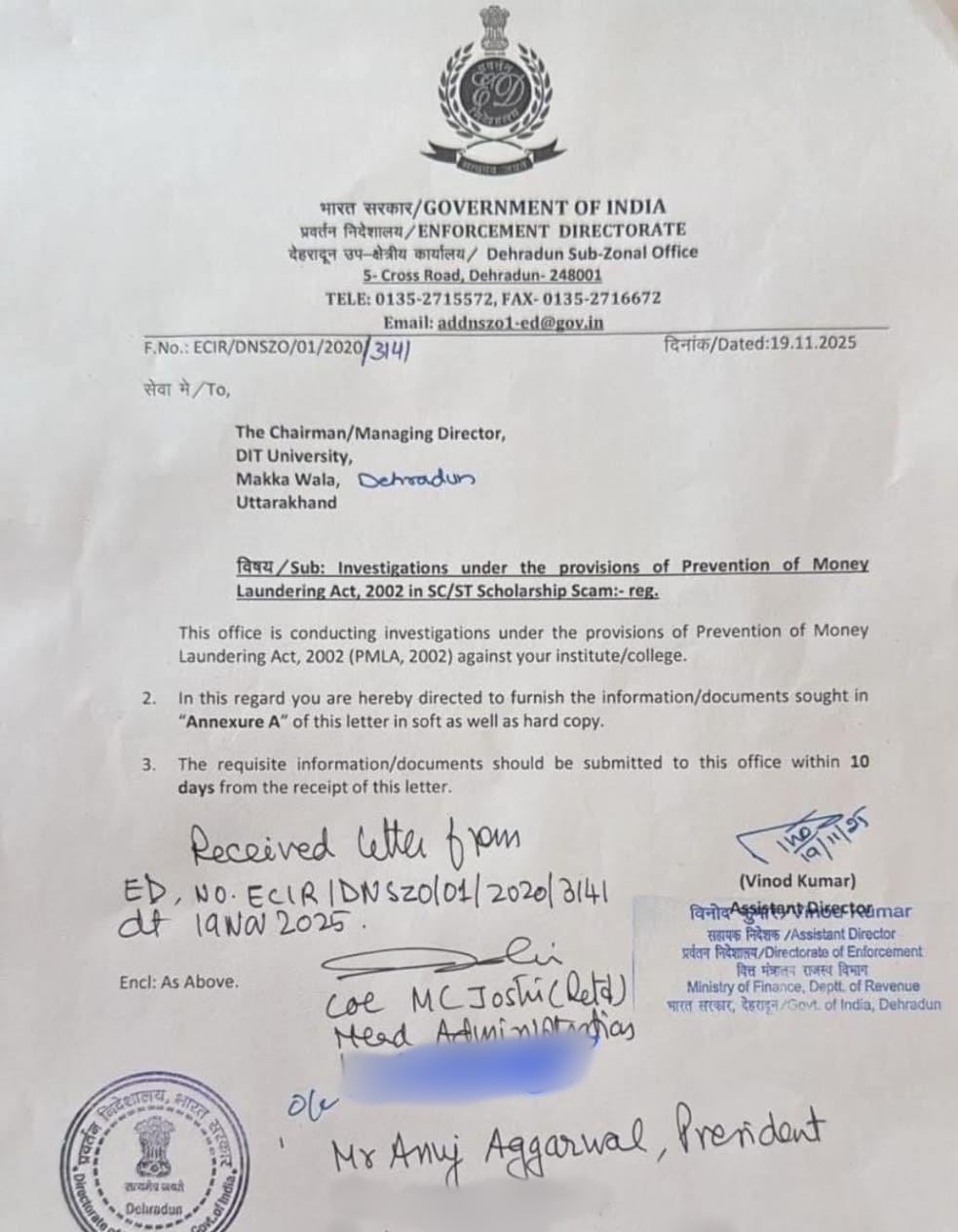 ED Notice DIT University Dehradun