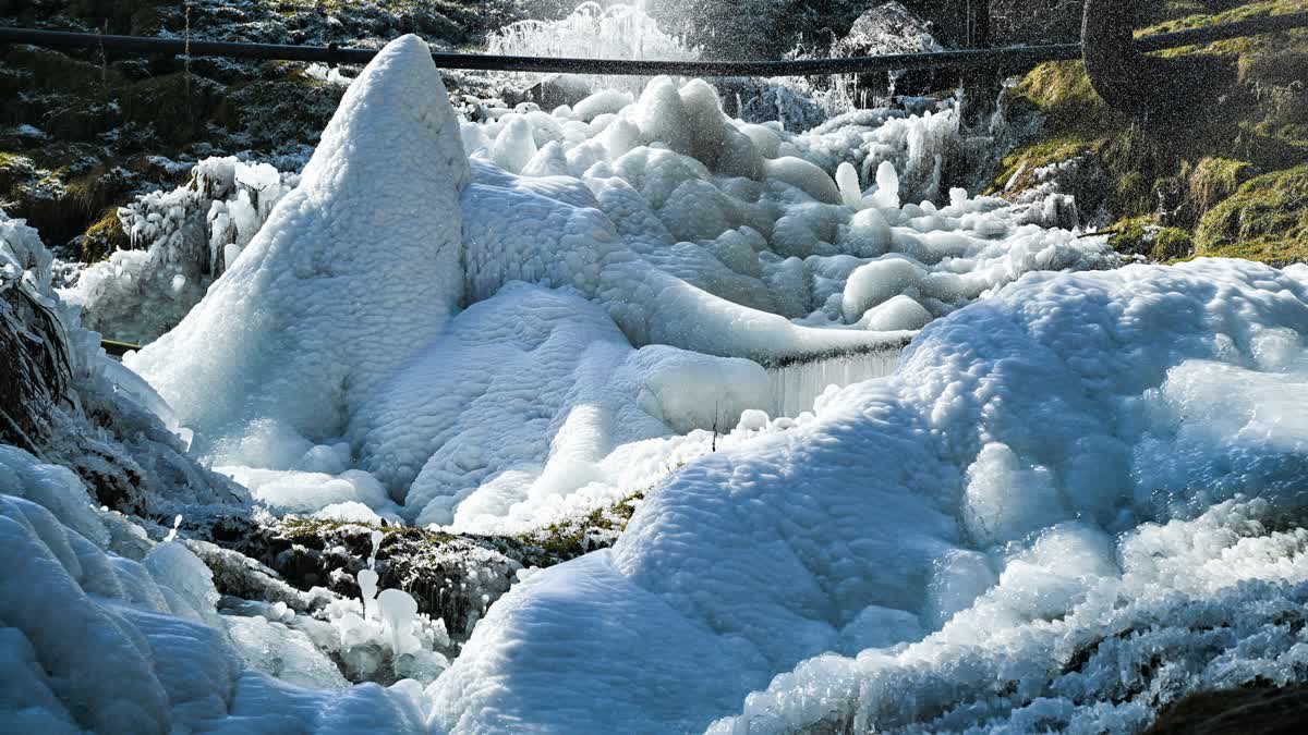 Ice sculptures formed from a leaked drinking water pipeline in Baramulla, Jammu and Kashmir