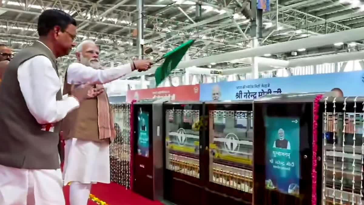 n this screengrab from a video posted on Feb. 22, 2026, Prime Minister Narendra Modi flags off the Namo Bharat train and Meerut Metro services