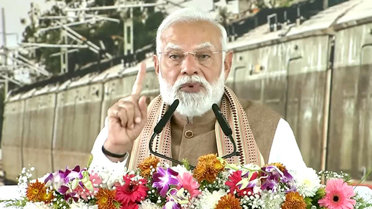 Prime Minister Narendra Modi speaks during the launch of various development works in Meerut on Sunday, February 22, 2026.