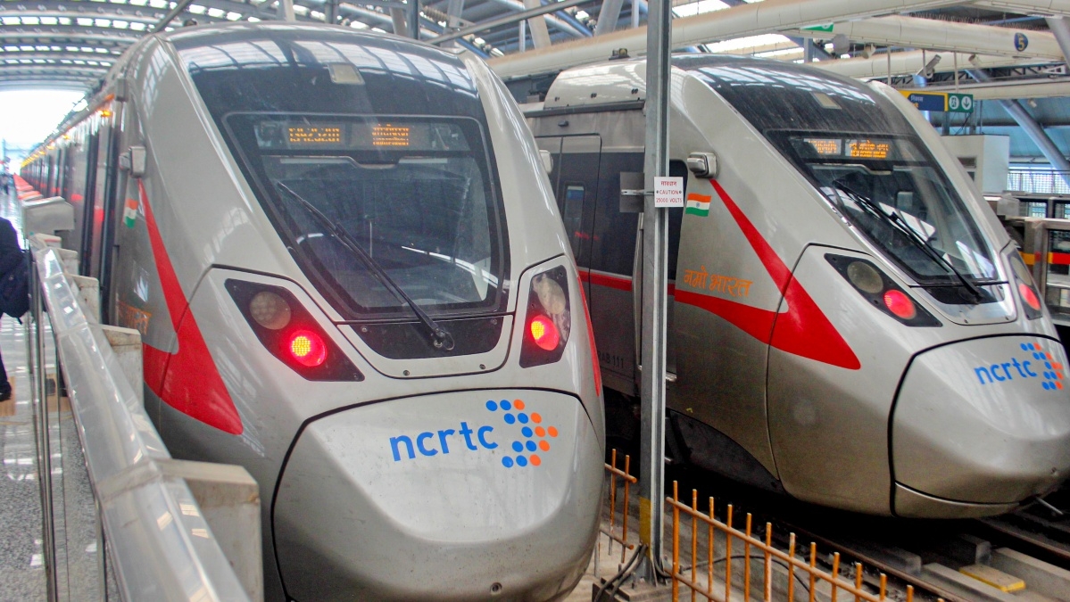 A Namo Bharat train stands at a station, in Meerut, Uttar Pradesh, Friday, Feb. 20, 2026