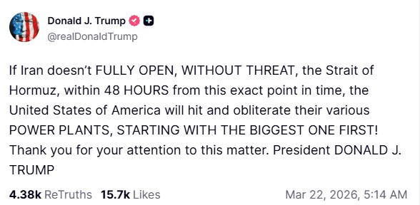Donald Trump Fresh Warning To Iran Open Strait Of Hormuz In 48 Hrs Or US Will Obliterate Your Power Plants
