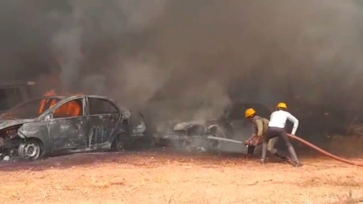 Firefighters during the dousing operation at Rudri Police Line.