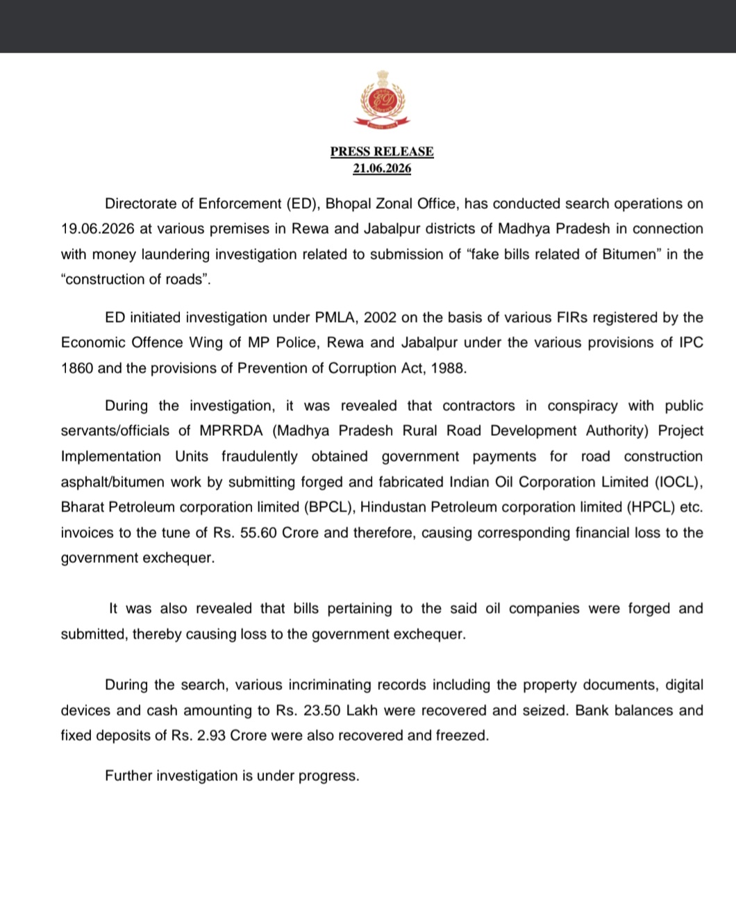 ED RAID ON ROAD DEVELOPERS REWA JABALPUR