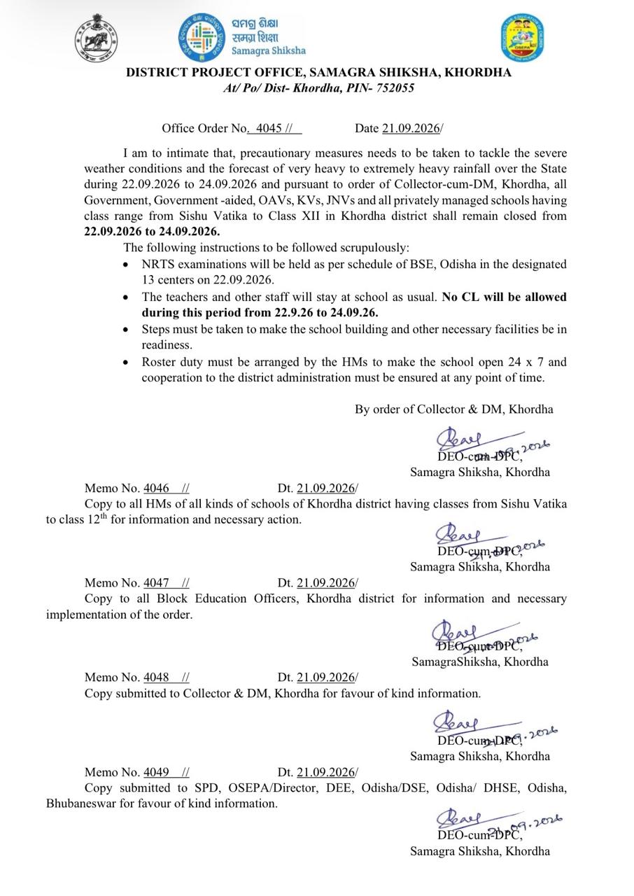 Schools and anganwadi close for two days in khordha and ganjam