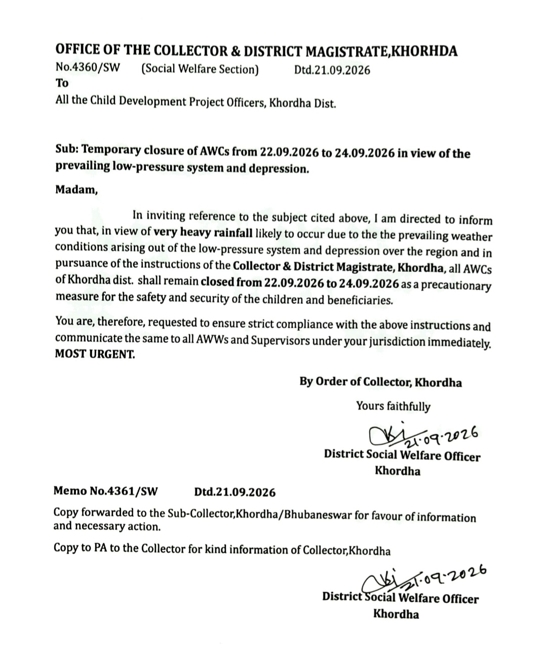 Schools and anganwadi close for two days in khordha and ganjam