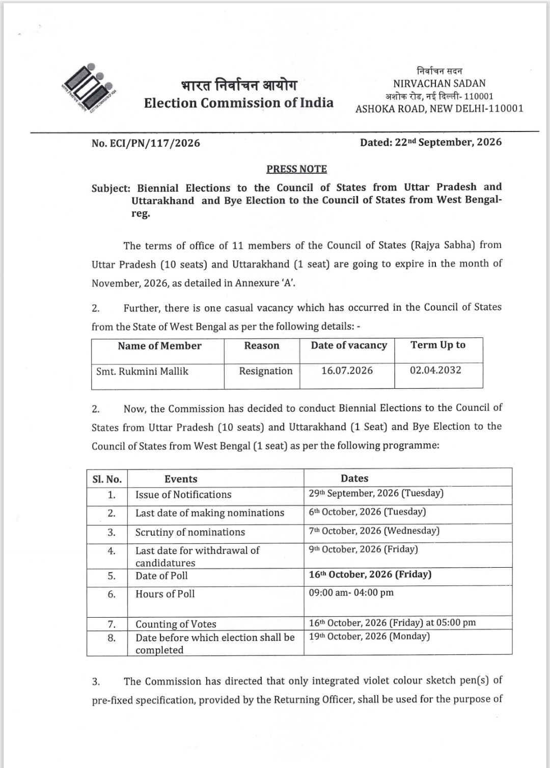 Rajya Sabha Election date