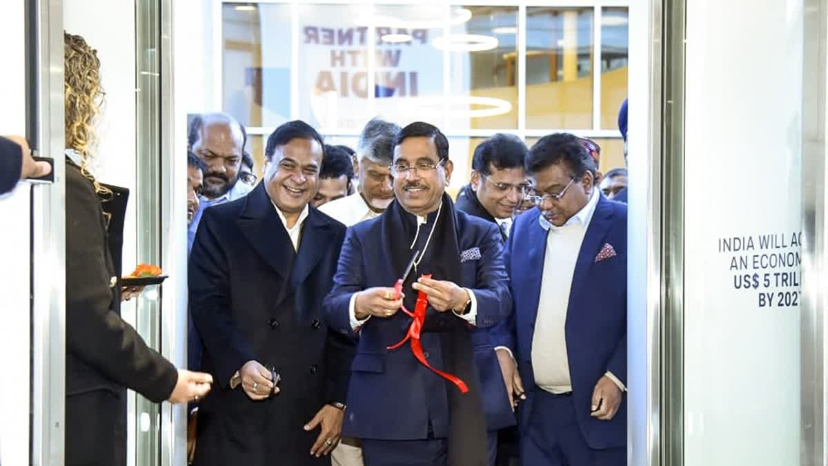 Union Minister Pralhad Joshi inaugurates the India Pavilion at the World Economic Forum, in Davos in presence of Assam Chief Minister Himanta Biswa Sarma and Andhra Pradesh Chief Minister N Chandrababu Naidu