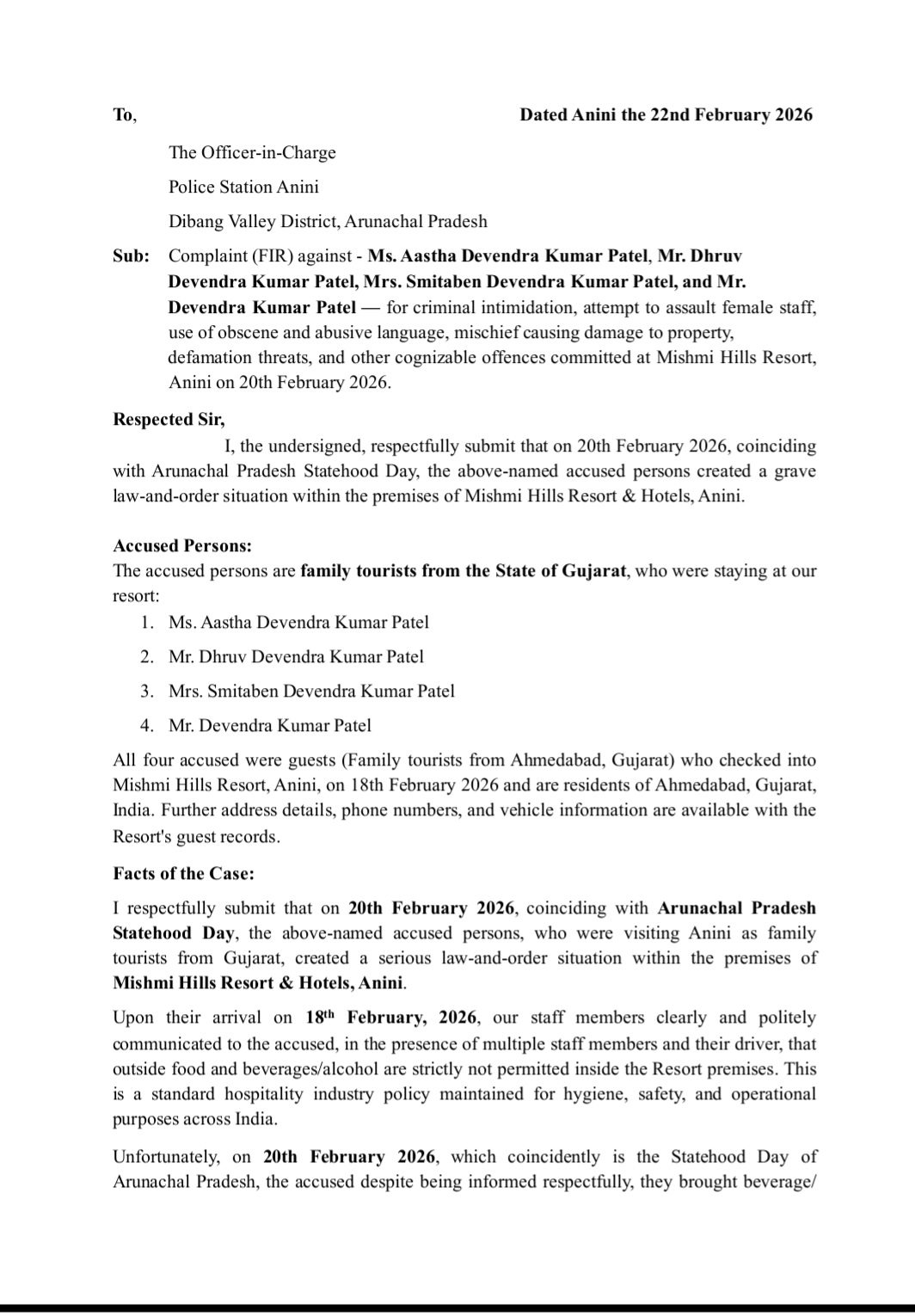 The complaint by the resort management.