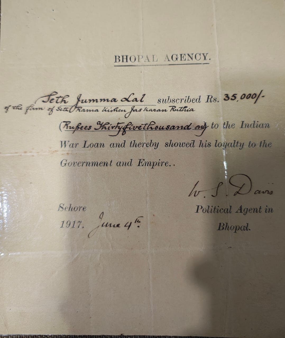 BRITISH GOVT LOAN 35000 SEHORE SETH