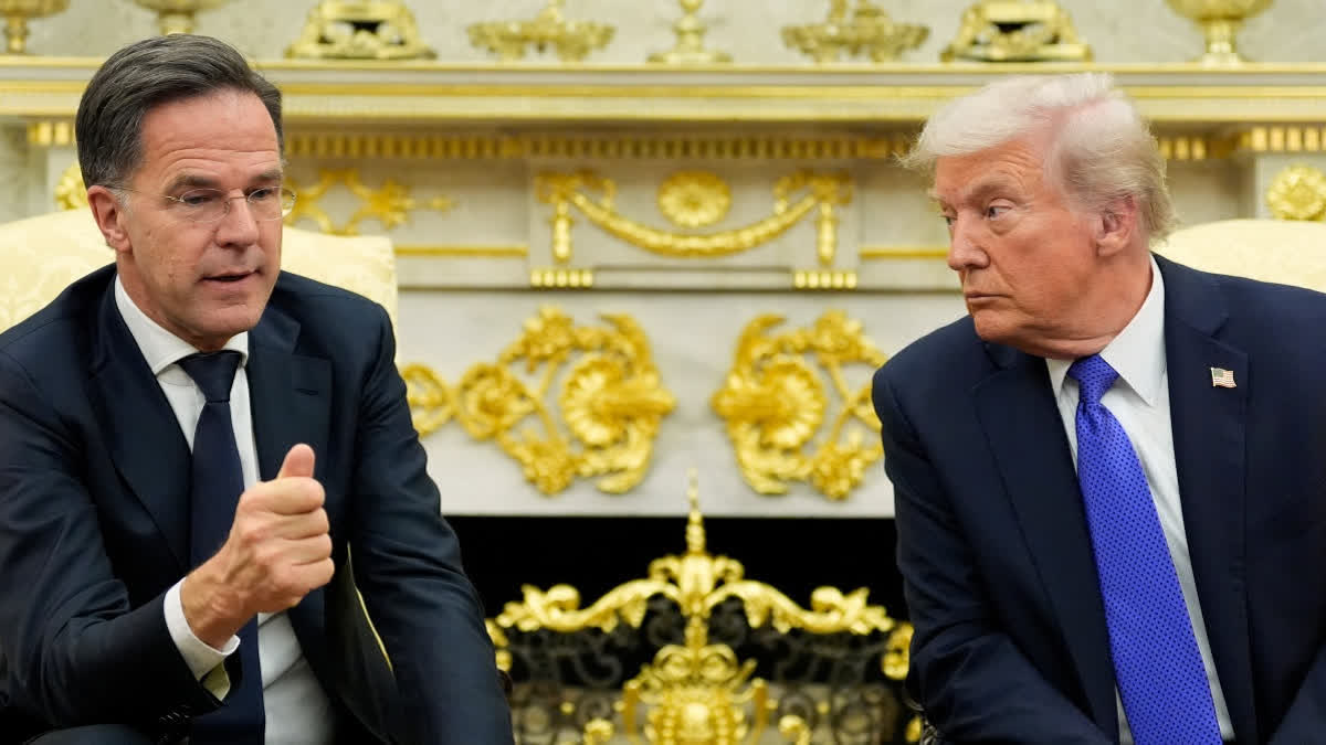 President Donald Trump meets with NATO Secretary General Mark Rutte in the Oval Office of the White House, Wednesday, Oct. 22, 2025, in Washington.