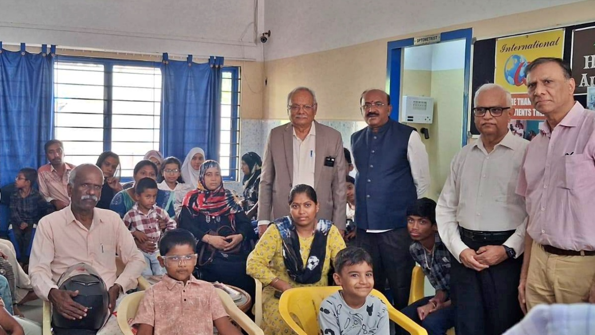 Children who benefitted from affordable eye treatments at Usha Kiran Eye Hospital and Charitable Trust with Dr K.V. Ravishankar (extreme right)