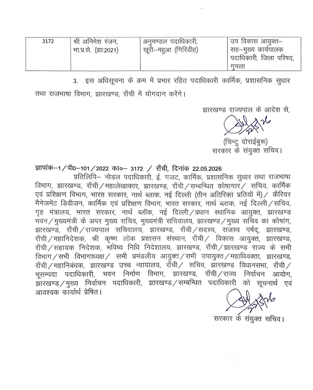 Transfer and Posting of Several IAS Officers in Jharkhand