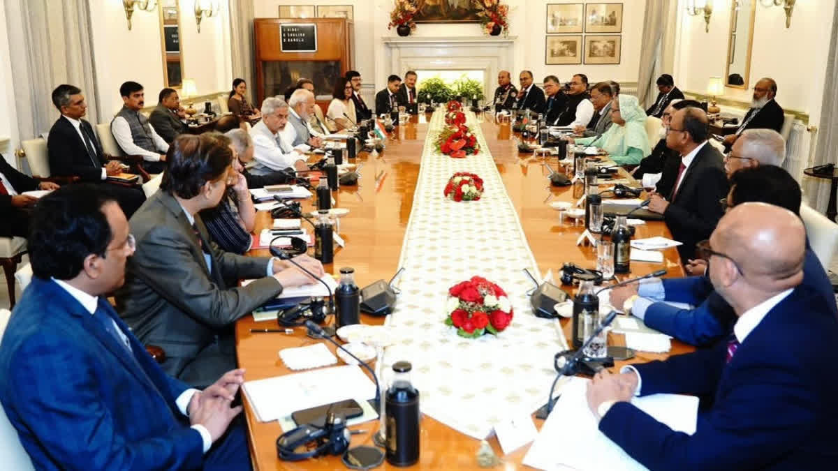 West Bengal Not Consulted Over Ganga Water Treaty With Bangladesh: TMC PM Narendra Modi and His Bangladesh Counterpart Sheikh Hasina among ministers and officials of both nations during bilateral discussion in New Delhi on Saturday, June 22, 2024.